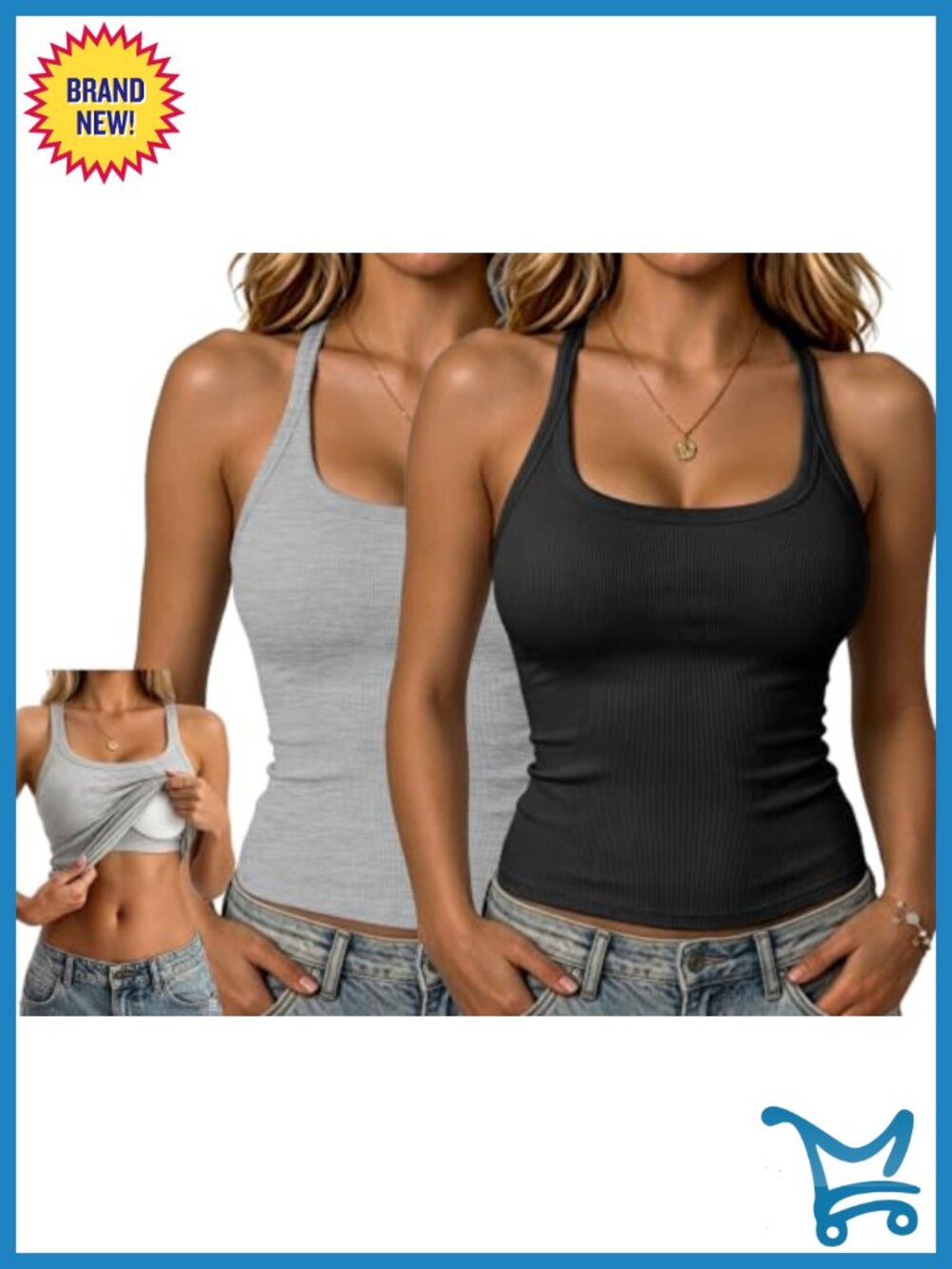 Ribbed Tank Tops Built in Bra Racerback Square Neck Sleeveless Camisoles